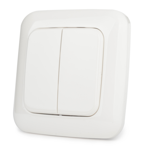 Wall-mounted two-key switch powered by Z-Wave batteries.Me Dual Paddle Wall Controller